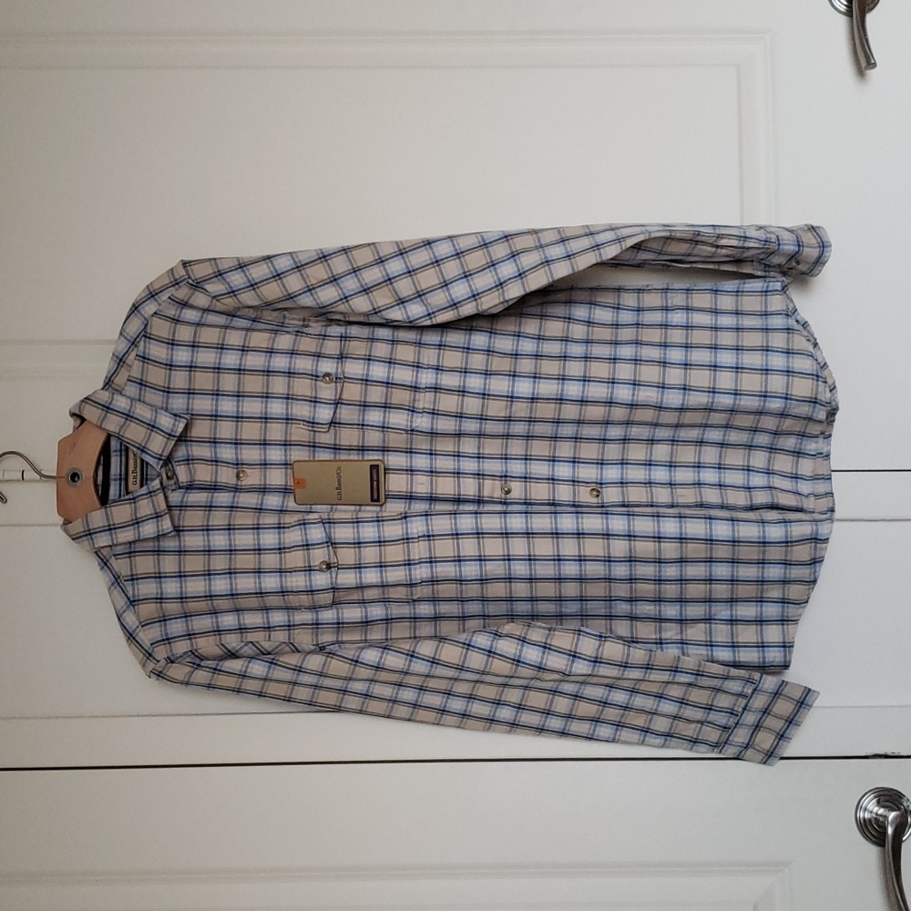 GH Bass & Co Plaid Moosehorn Blue Beige Green Button Up Size Medium NWT